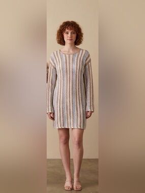 Love Knits Women’s Striped Crochet Dress in Cream, Beige & Light Blue size sm